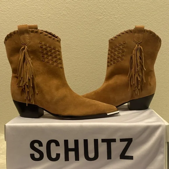 Schutz  Alexxa  Western Fringe Suede Cowboy Boots Brown Size 7.5 NWT - Picture 6 of 15